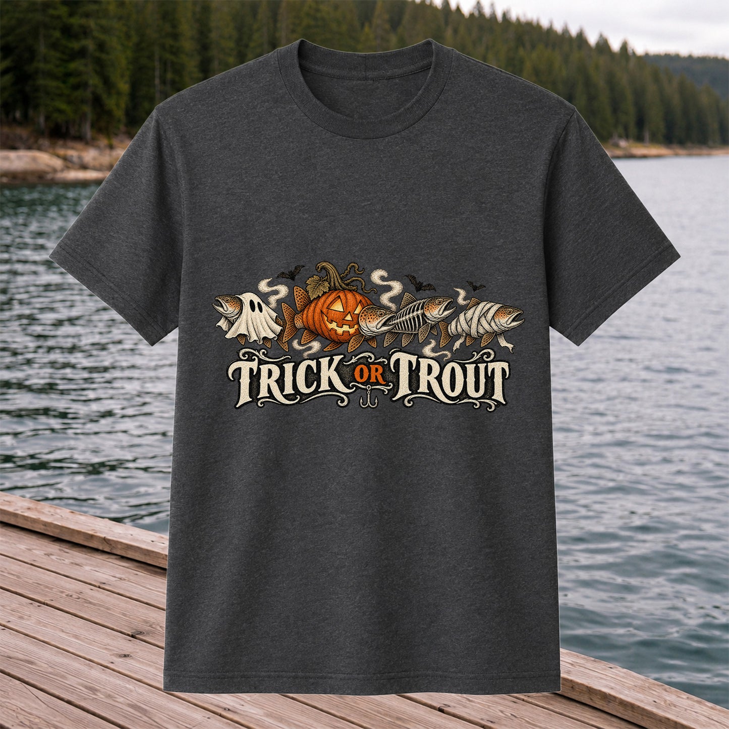 Trick or Trout Halloween Fish Lineup Fishing T-Shirt