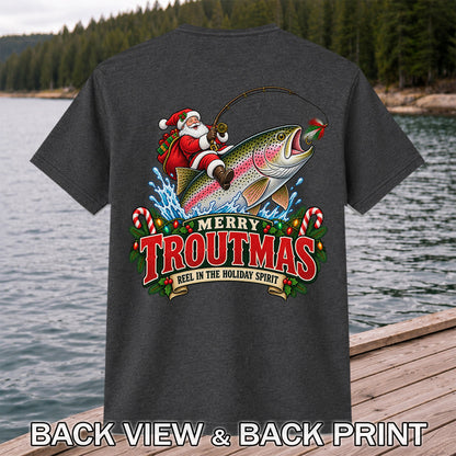 Merry Troutmas Reel in the Holiday Spirit Santa Riding Rainbow Trout Christmas Fishing T-Shirt | Back Print