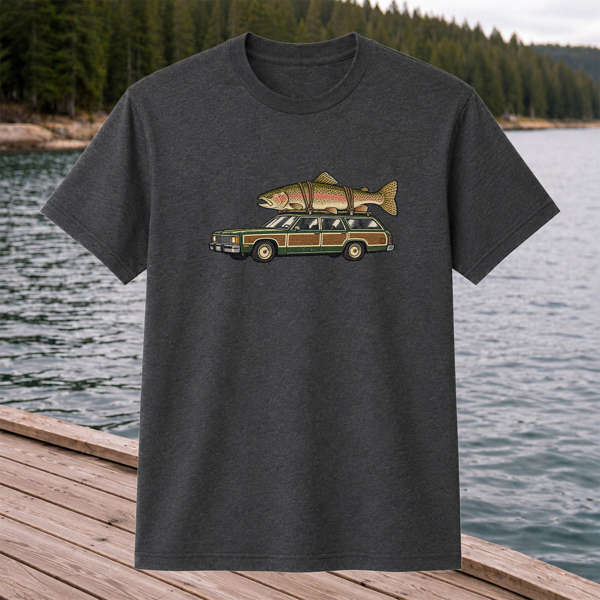 Vintage Station Wagon Carrying Rainbow Trout Fishing T-Shirt