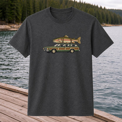 Vintage Station Wagon Carrying Rainbow Trout Fishing T-Shirt