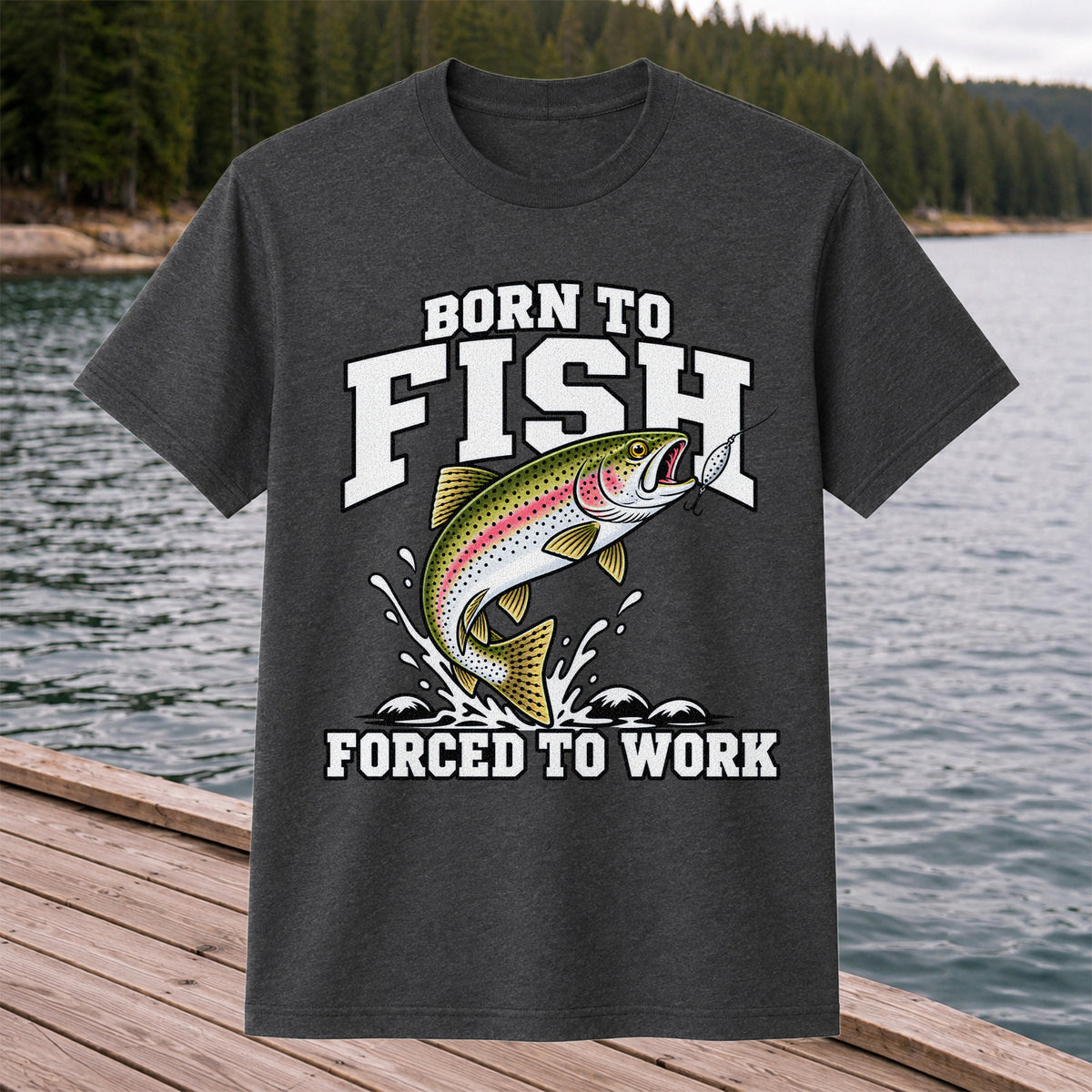 Born to Fish Forced to Work Rainbow Trout Fishing T-Shirt