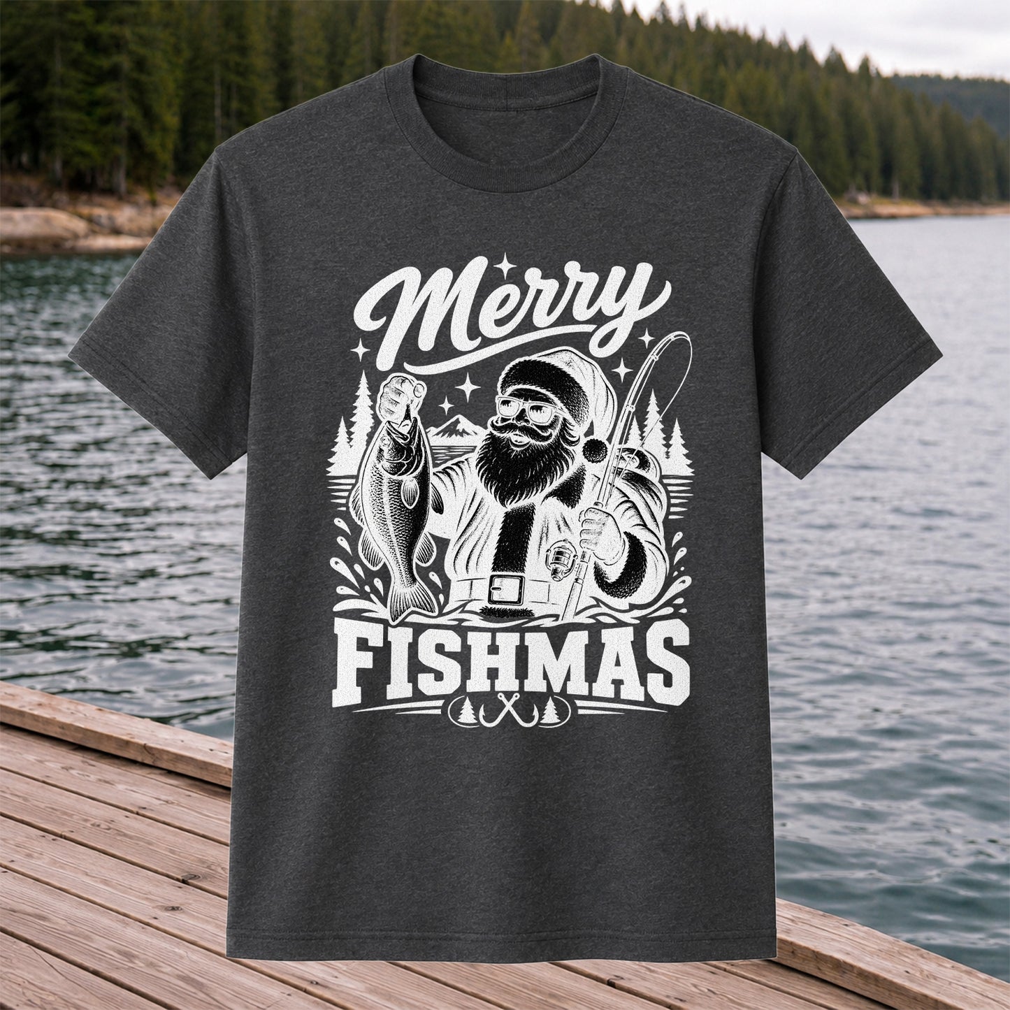Merry Fishmas Santa Fishing Christmas Graphic T-Shirt