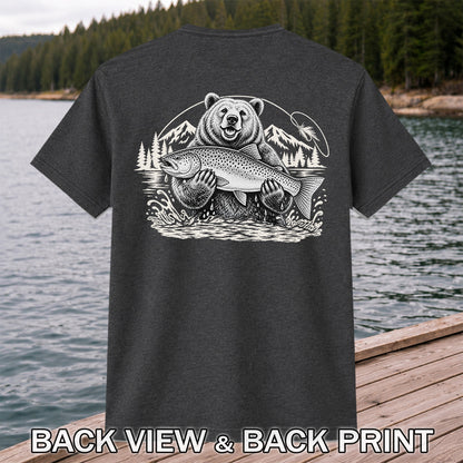 Bear Holding Trout in Mountain Lake Fishing Graphic T-Shirt | Back Print