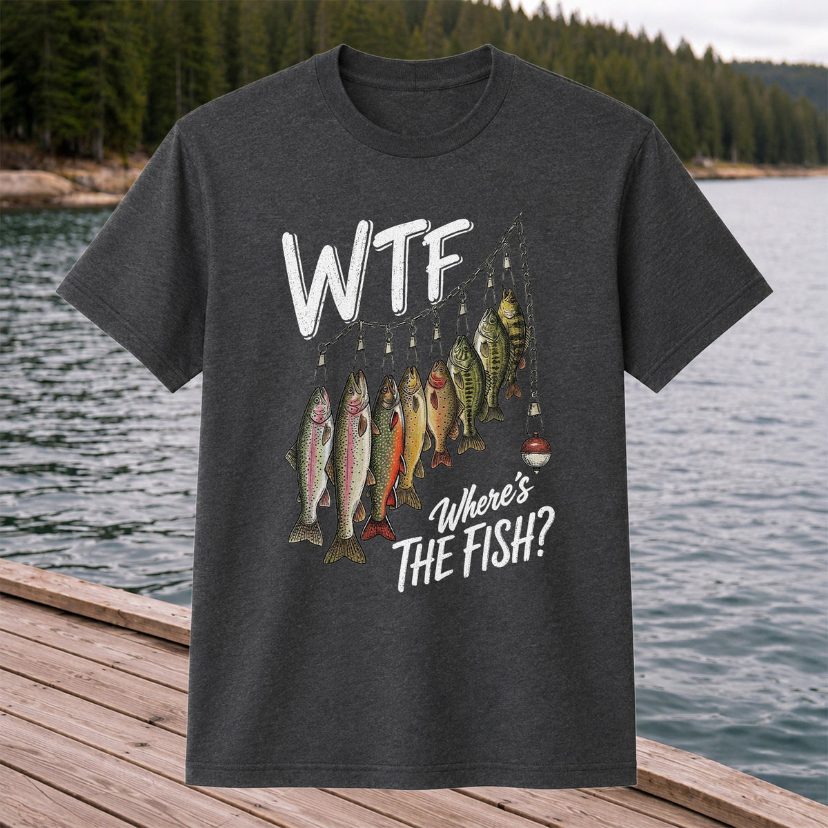 WTF Where's the Fish Trout and Bass Stringer Funny Fishing T-Shirt