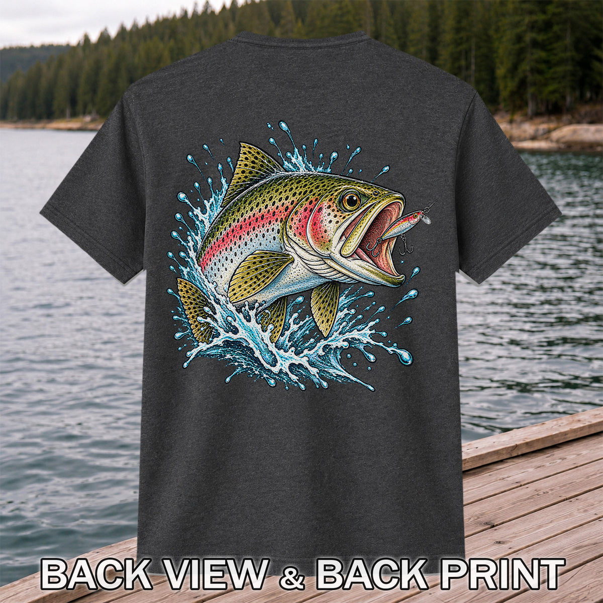 Rainbow Trout Striking a Fishing Lure Graphic T-Shirt | Back Print