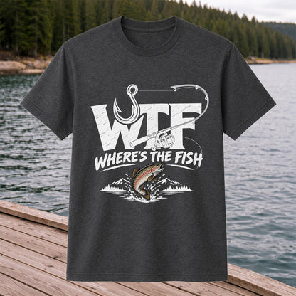 WTF Where's the Fish Rainbow Trout Fishing Graphic T-Shirt