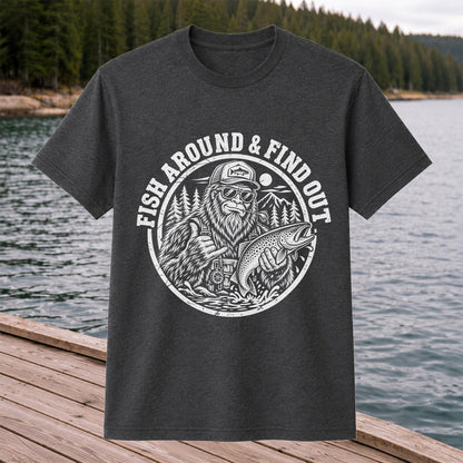 Fish Around & Find Out Bigfoot Trout Fishing Graphic T-Shirt
