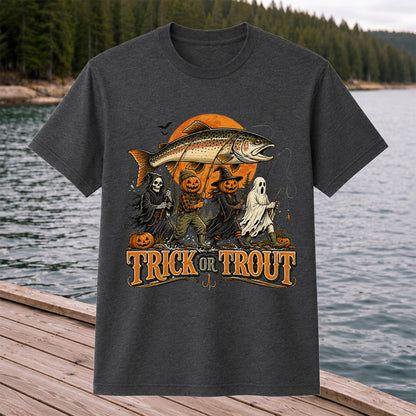 Trick or Trout Halloween Fishing T-Shirt, Vintage Trout Angler Tee
