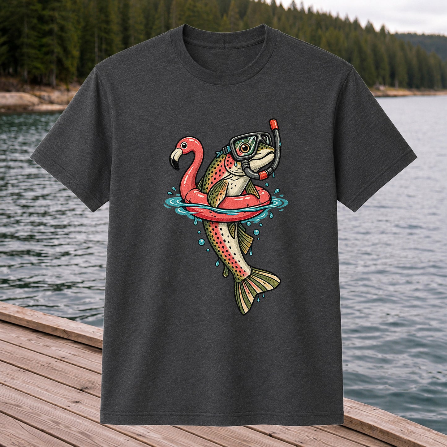 Rainbow Trout Snorkeling in a Flamingo Float Fishing Graphic T-Shirt