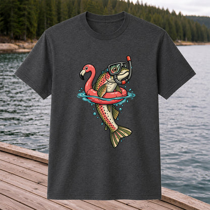 Rainbow Trout Snorkeling in a Flamingo Float Fishing Graphic T-Shirt