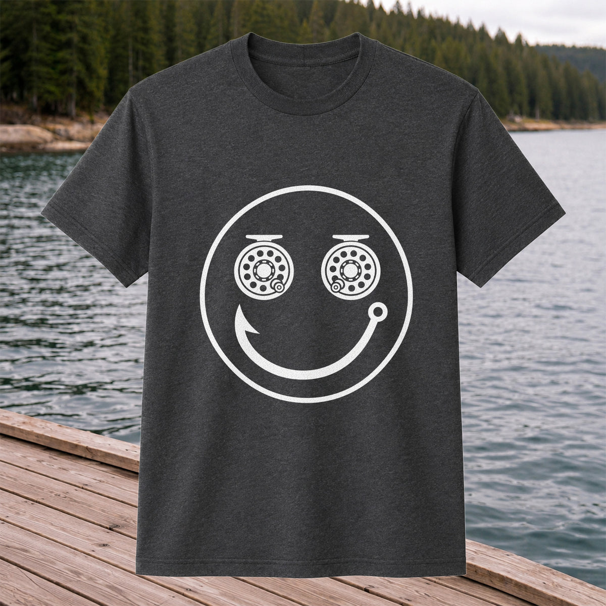 Fishing Reel Eyes Smiley Face Minimalist Graphic T-Shirt