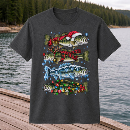 Christmas Bass with Santa Hat and Holiday Lights Fishing T-Shirt