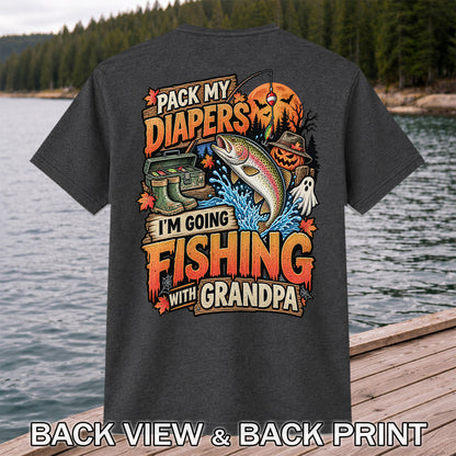 Pack My Diapers I'm Going Fishing With Grandpa Halloween Rainbow Trout T-Shirt | Back Print