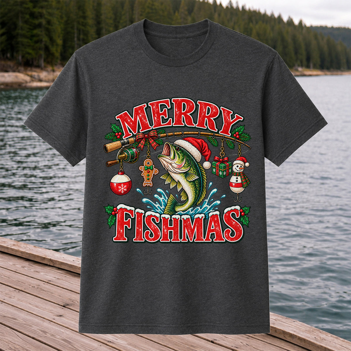 Merry Fishmas Santa Bass Christmas Fishing Graphic T-Shirt
