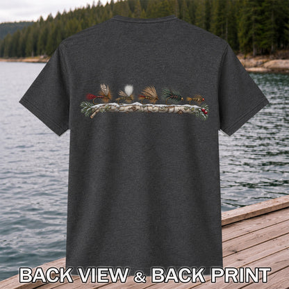 Christmas Fly Fishing Flies on Evergreen Branch Graphic T-Shirt | Back Print