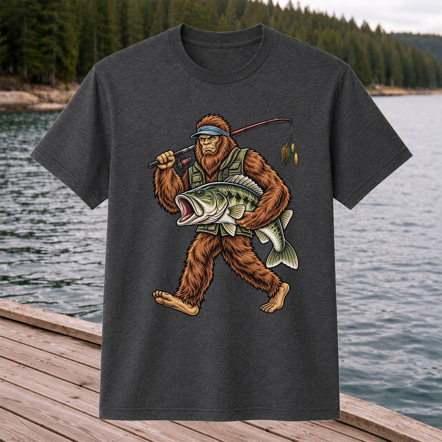 Bigfoot Holding a Largemouth Bass Fishing Graphic T-Shirt
