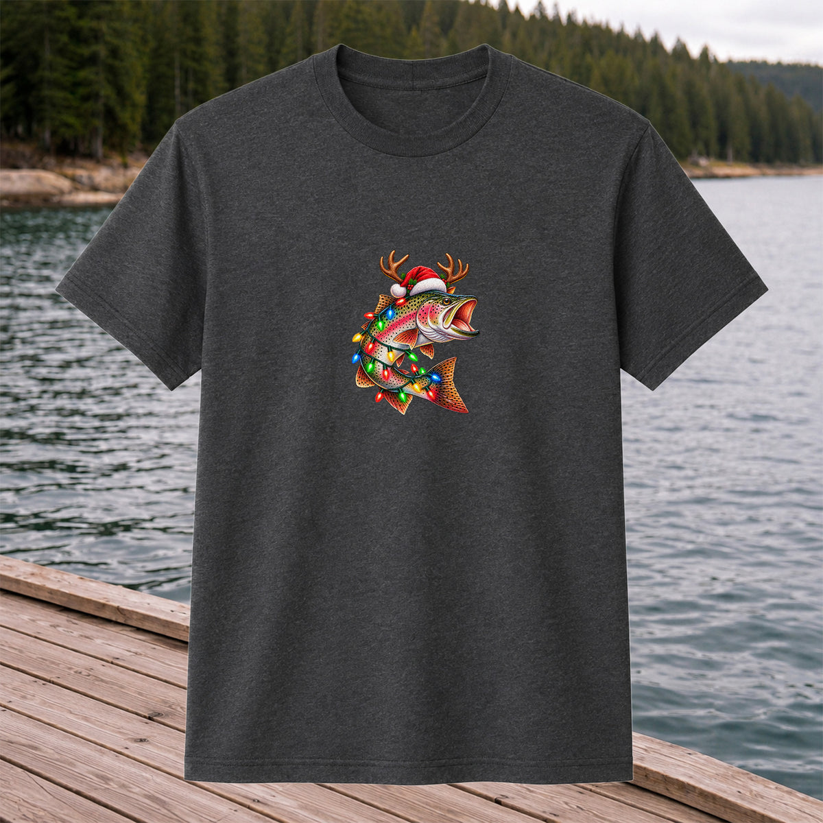 Christmas Rainbow Trout with Santa Hat, Antlers and Holiday Lights Fishing T-Shirt
