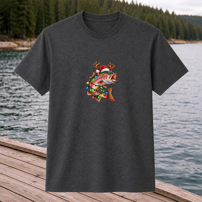 Christmas Rainbow Trout with Santa Hat, Antlers and Holiday Lights Fishing T-Shirt