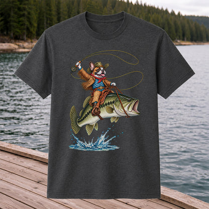 French Bulldog Cowboy Riding a Bass Fishing Graphic T-Shirt