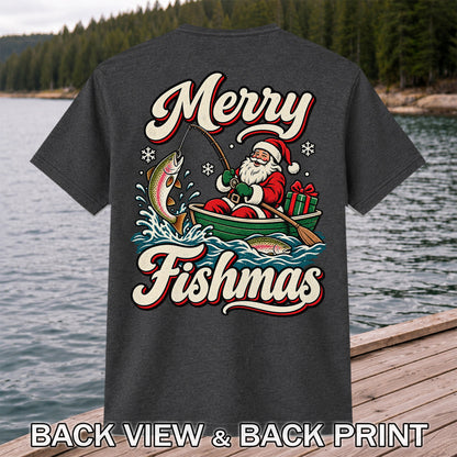 Merry Fishmas Santa Catching Rainbow Trout in a Boat Fishing T-Shirt | Back Print