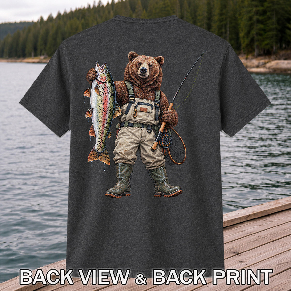 Bear Fishing with Rainbow Trout Outdoor Graphic T-Shirt | Back Print
