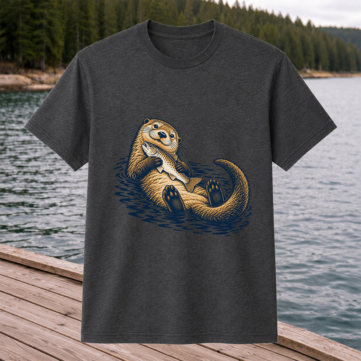 Cute Otter Holding Fish Hand Drawn Fishing Graphic T-Shirt