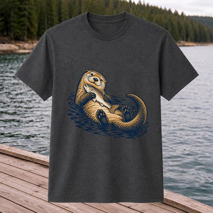 Cute Otter Holding Fish Hand Drawn Fishing Graphic T-Shirt