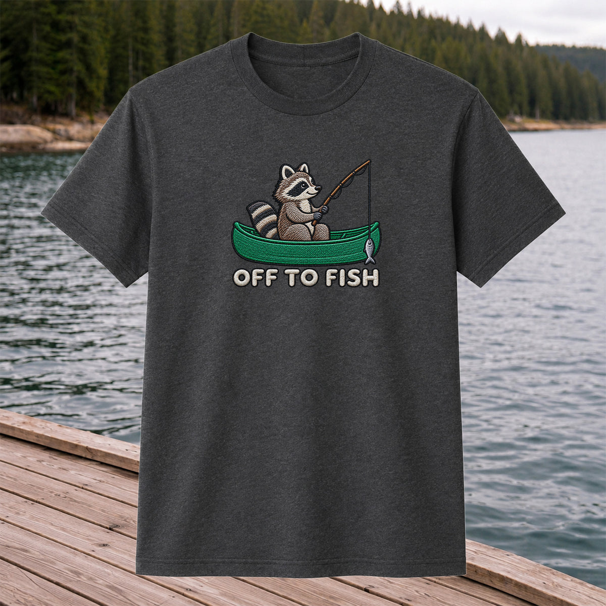 Off to Fish Raccoon in a Canoe Funny Fishing Graphic T-Shirt