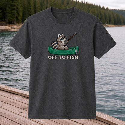 Off to Fish Raccoon in a Canoe Funny Fishing Graphic T-Shirt