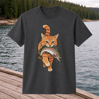 Cat Holding Trout Funny Fishing Graphic T-Shirt