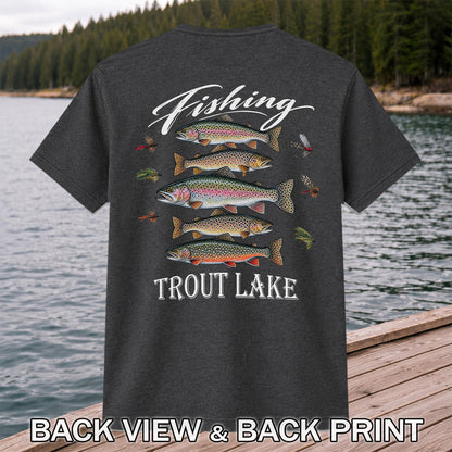 Fishing Trout Lake Vintage Trout and Flies Graphic T-Shirt | Back Print