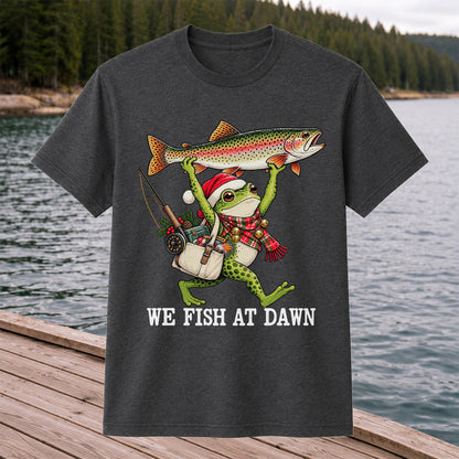 Frog Holding Rainbow Trout Fishing at Dawn Graphic T-Shirt