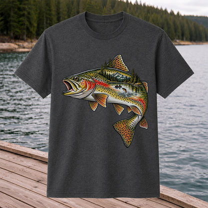 Rainbow Trout Mountain Lake Fishing Scene Graphic T-Shirt
