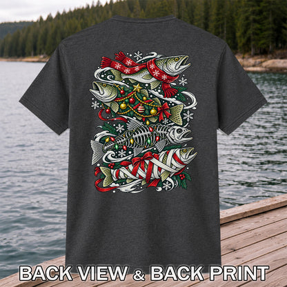 Christmas Trout and Fish Skeleton Holiday Fishing T-Shirt | Back Print