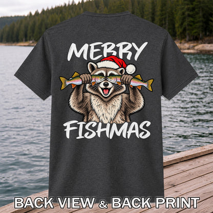 Merry Fishmas Raccoon Rainbow Trout Christmas Fishing T-Shirt | Back Print