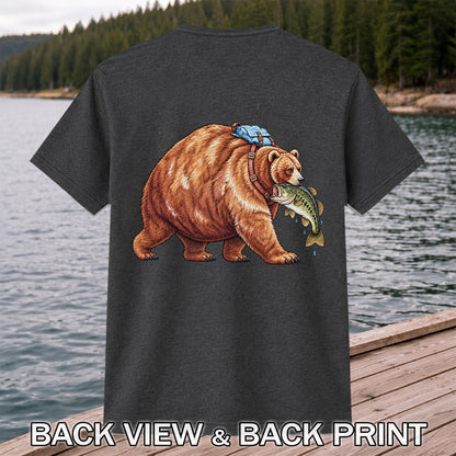 Bear Carrying Bass Fishing Wildlife Graphic T-Shirt | Back Print