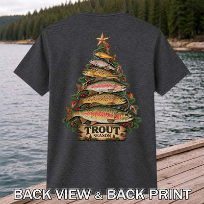 Trout Season Fish Christmas Tree Fishing T-Shirt | Back Print