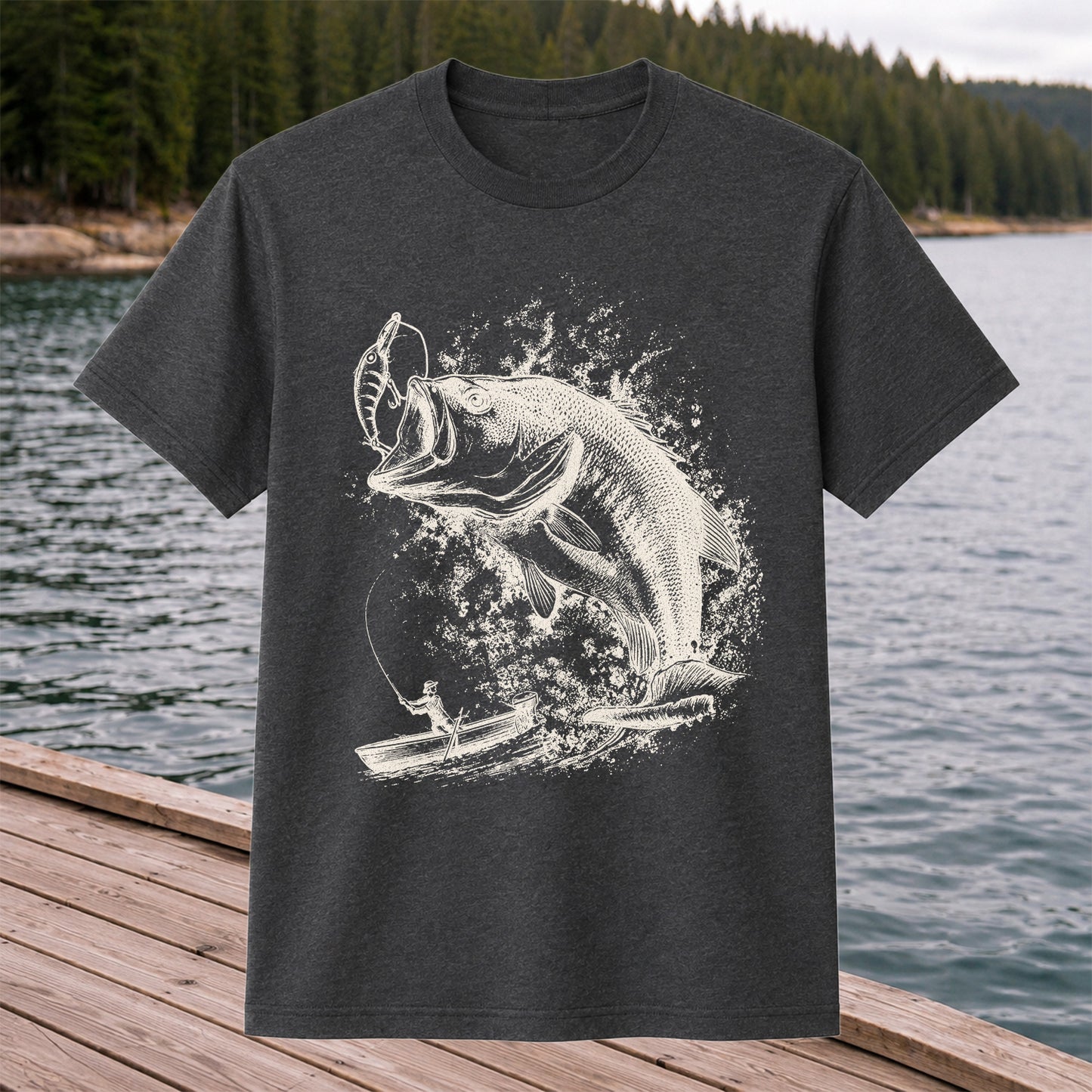 Largemouth Bass Striking Lure from Fishing Boat Graphic T-Shirt