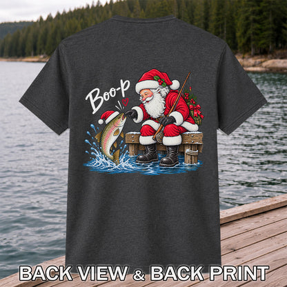 Santa Fishing for Rainbow Trout Christmas Graphic T-Shirt | Back Print