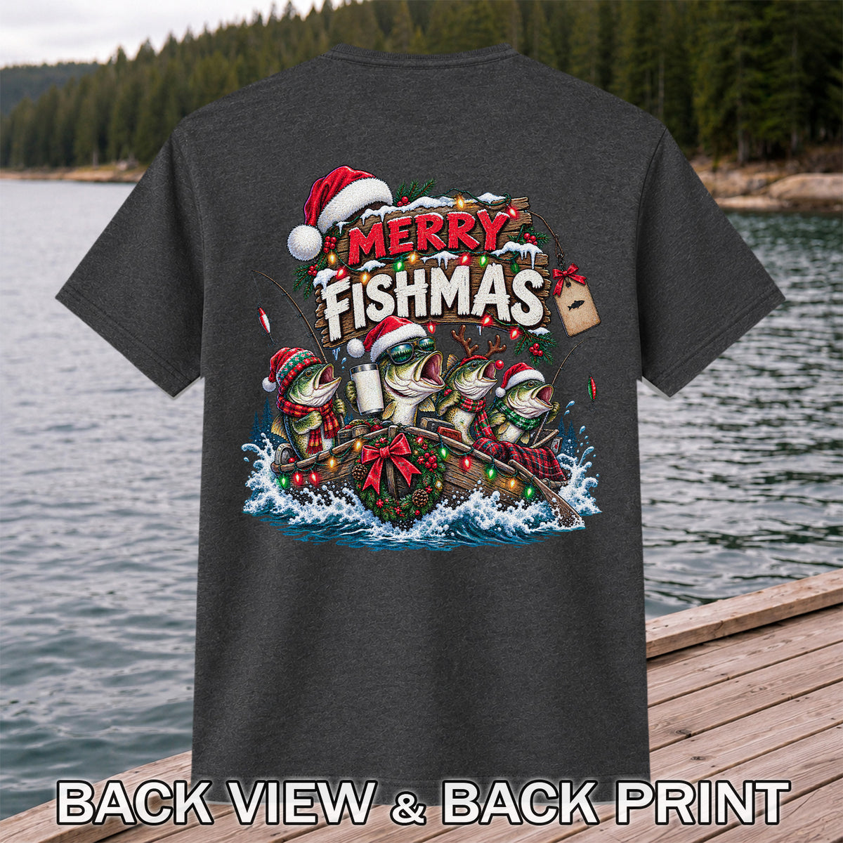 Merry Fishmas Christmas Bass in a Fishing Boat Graphic T-Shirt | Back Print
