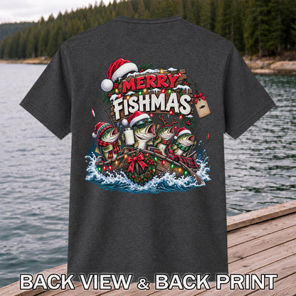 Merry Fishmas Christmas Bass in a Fishing Boat Graphic T-Shirt | Back Print