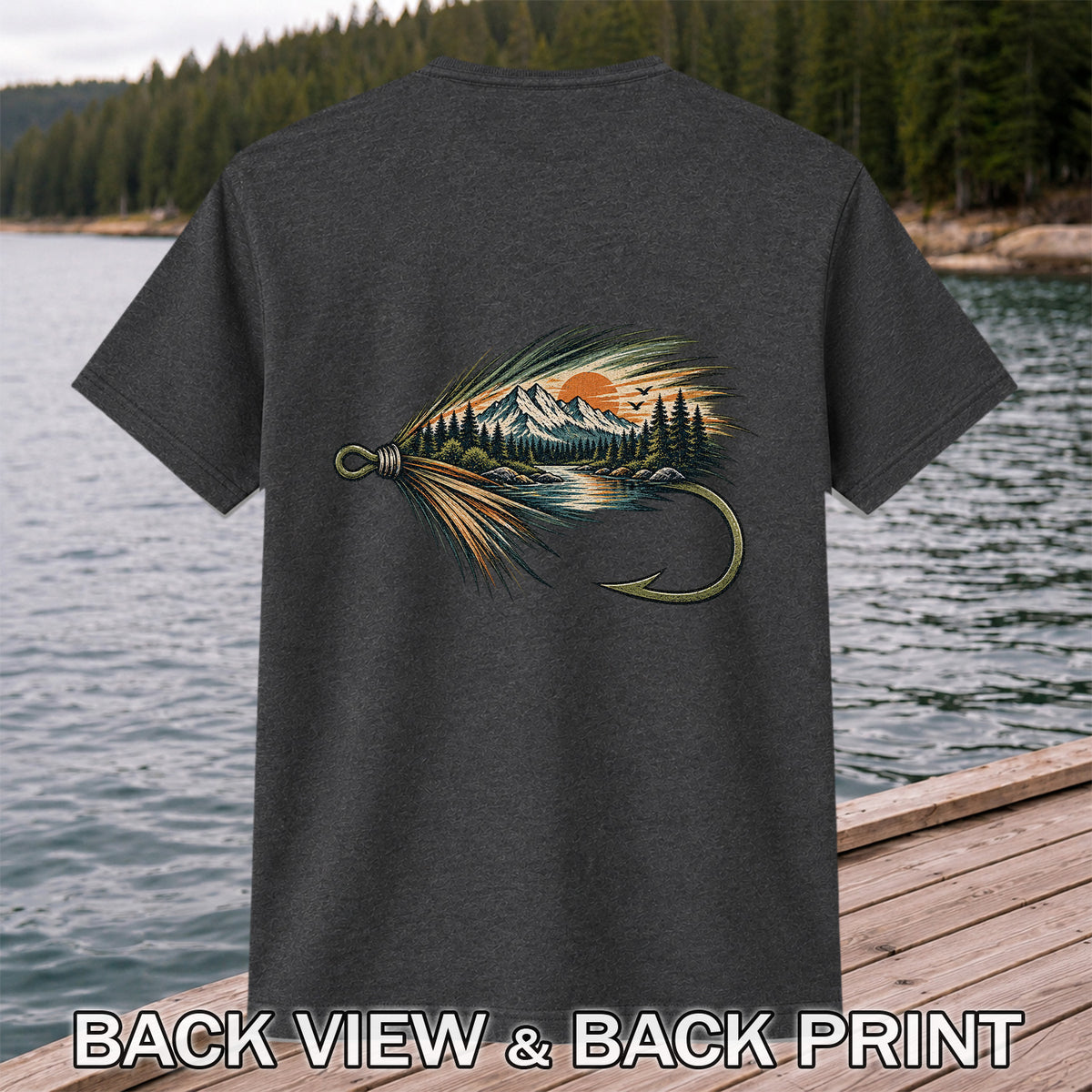 Mountain Lake Fly Fishing Hook Graphic T-Shirt | Back Print