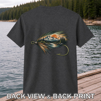 Mountain Lake Fly Fishing Hook Graphic T-Shirt | Back Print