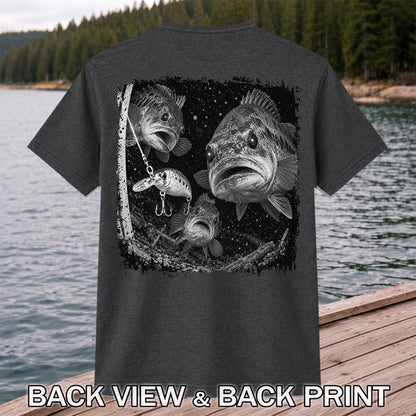 Vintage Bass Fishing Graphic T-Shirt with Underwater Fish Artwork | Back Print