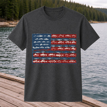 American Flag Made of Fish Patriotic Fishing Graphic T-Shirt