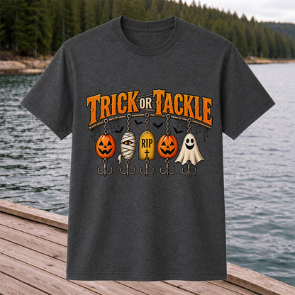 Trick or Tackle Pumpkin Ghost and Mummy Fishing Lures Halloween T-Shirt