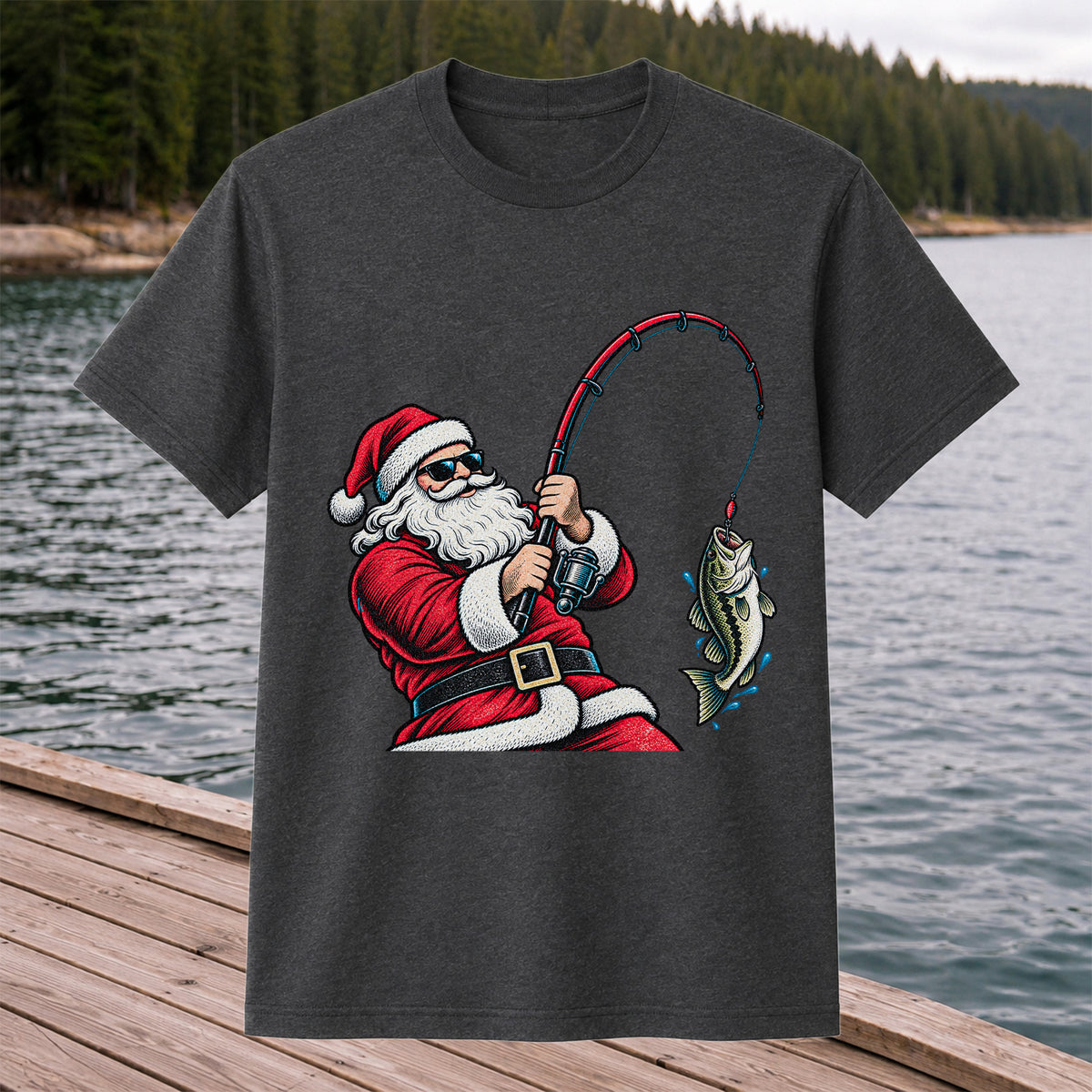 Santa Claus Catching a Bass Christmas Fishing Graphic T-Shirt
