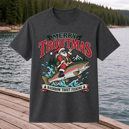 Merry Troutmas Santa Riding a Rainbow Trout Christmas Fishing T-Shirt