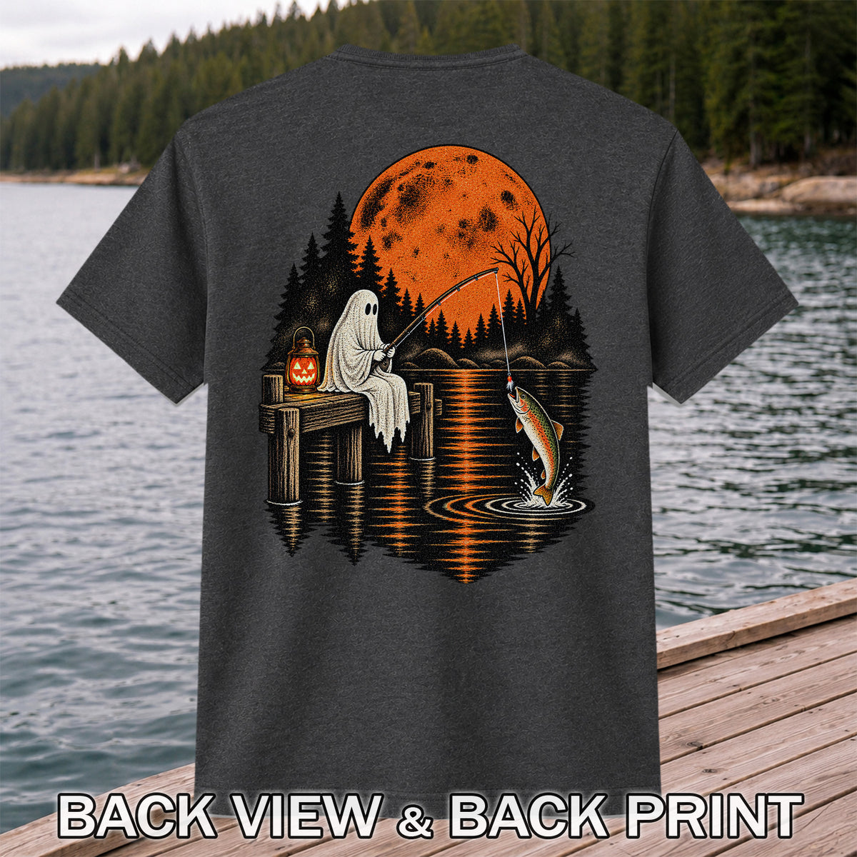 Ghost Fishing for Rainbow Trout Under an Orange Moon Halloween T-Shirt | Back Print