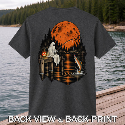 Ghost Fishing for Rainbow Trout Under an Orange Moon Halloween T-Shirt | Back Print